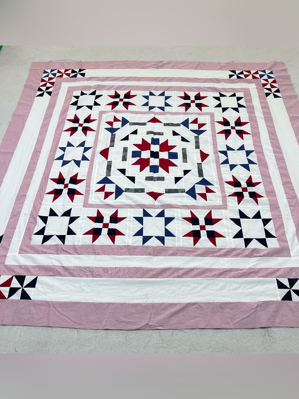 Original Christmas Stars Patchwork Cotton Quilt Top/Topper Machine pieced 86x86”